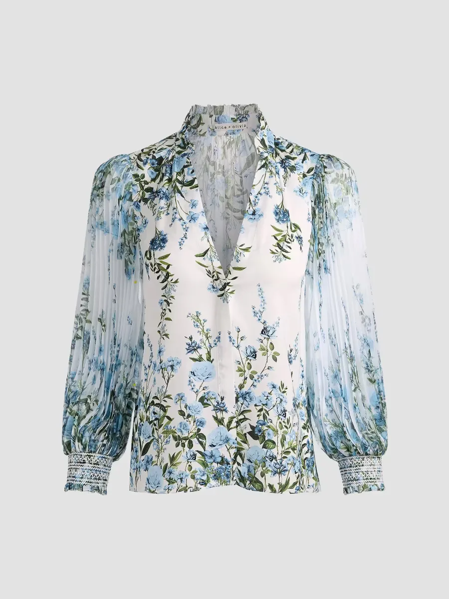 Ilan Pleated Blouson-Sleeve Blouse