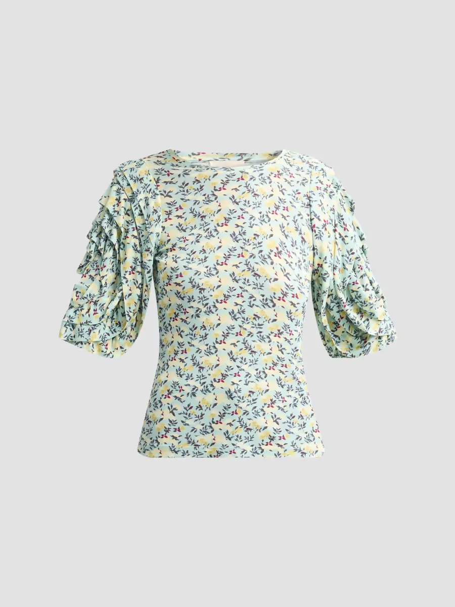 Rubi Floral Jersey Flutter-Sleeve Blouse by Ulla Johnson