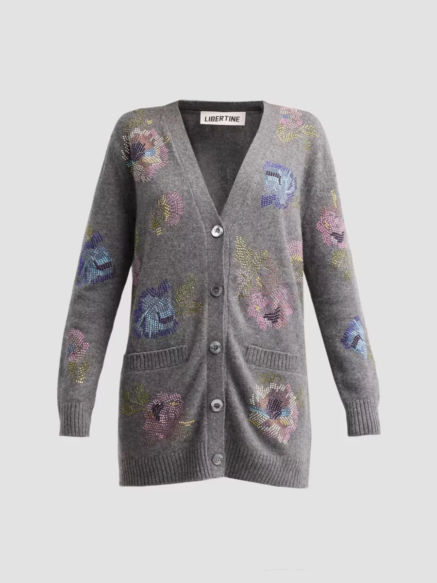 Mosaic Floral Rhinestone-Embellished Cashmere Oversized Cardigan by Libertine