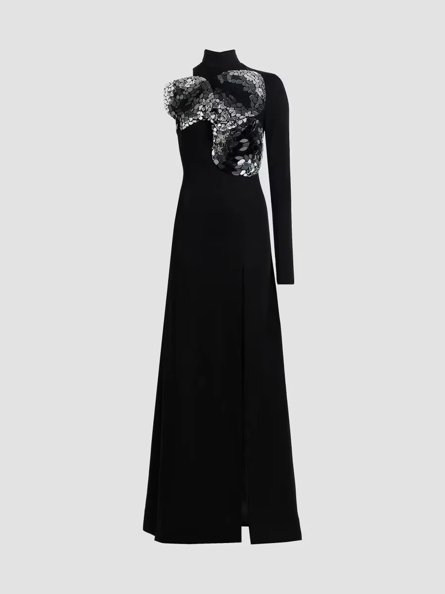 Embroidered Ombré Crystal One-Sleeve Gown by Area