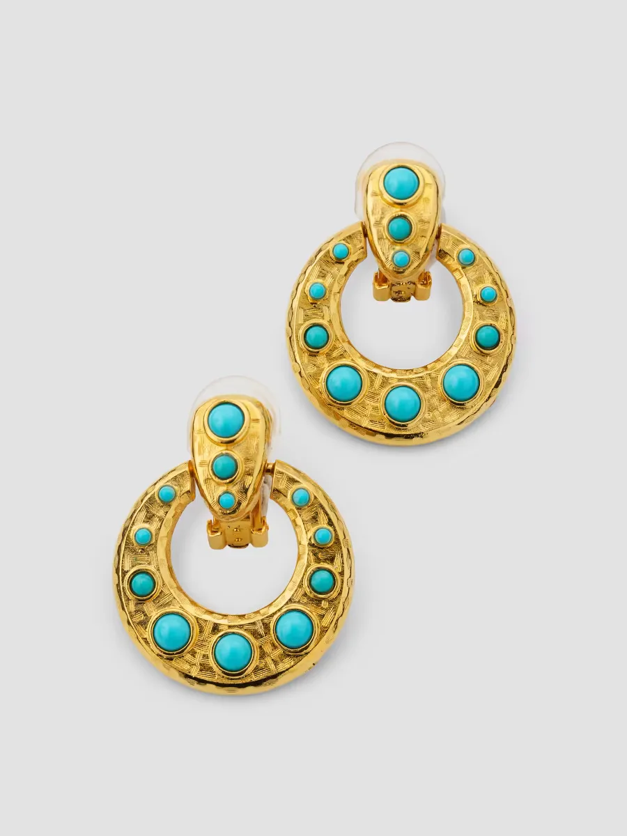 18K Gold-Plated Turquoise Cabochon Doorknocker Clip-On Earrings