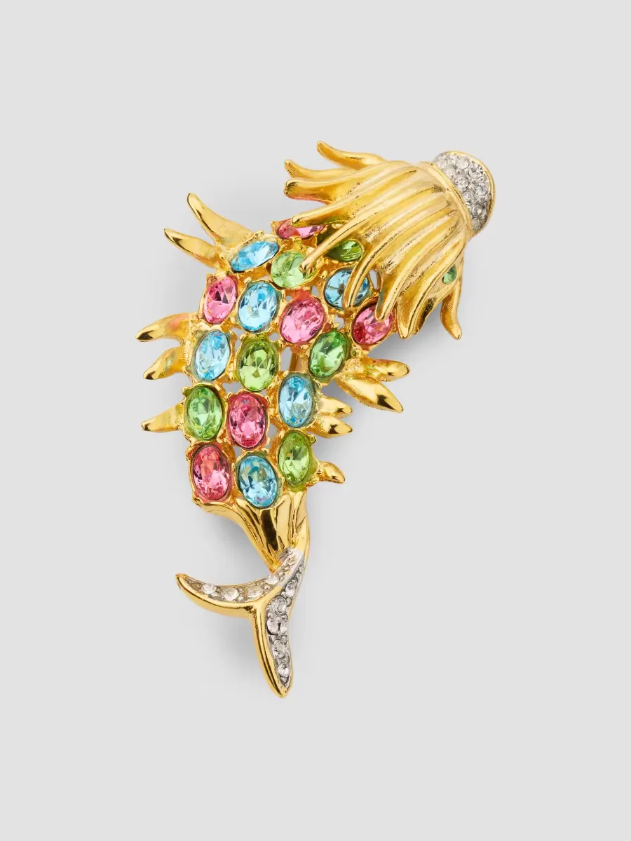 18K Gold-Plated, Two-Tone Rhinestone & Pastel Stone Fish Brooch by Kenneth Jay Lane