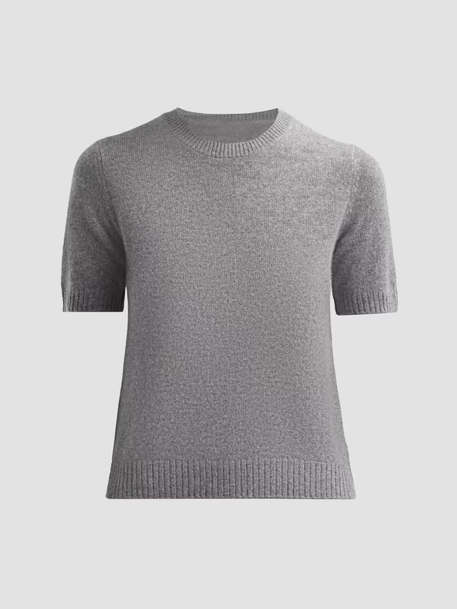Basic Cashmere Shrunken Short-Sleeve Crewneck Sweater