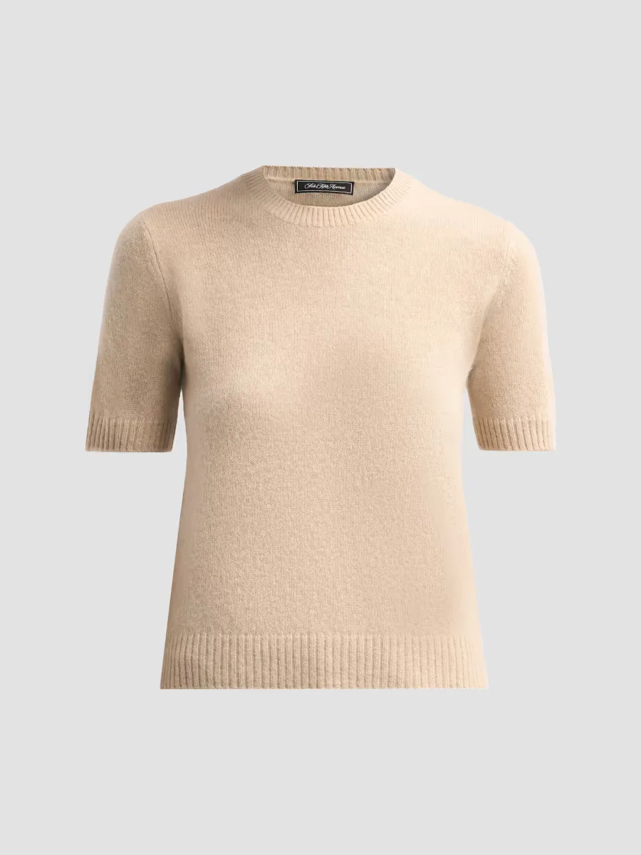Basic Cashmere Shrunken Short-Sleeve Crewneck Sweater