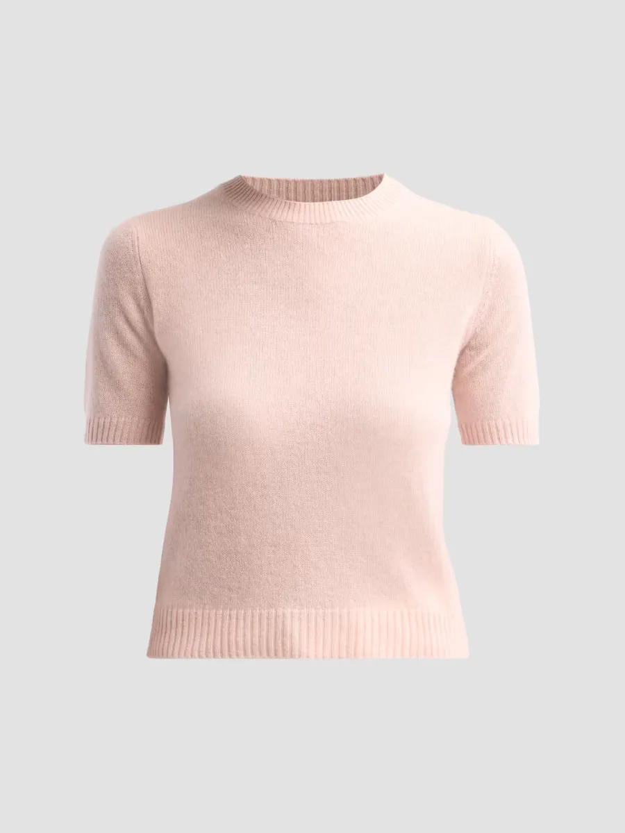 Basic Cashmere Shrunken Short-Sleeve Crewneck Sweater