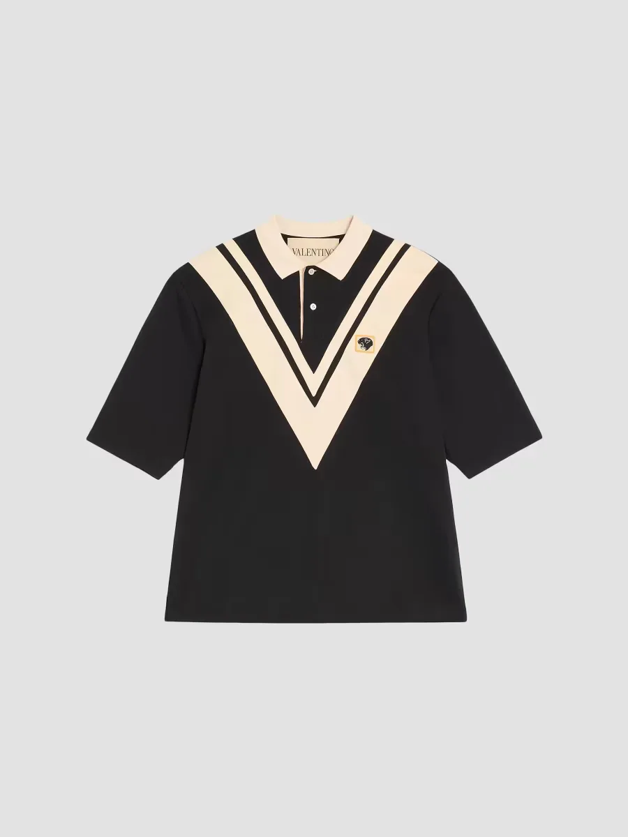 Cotton Polo with Inlaid V and Embroidered Panther Patch by Valentino