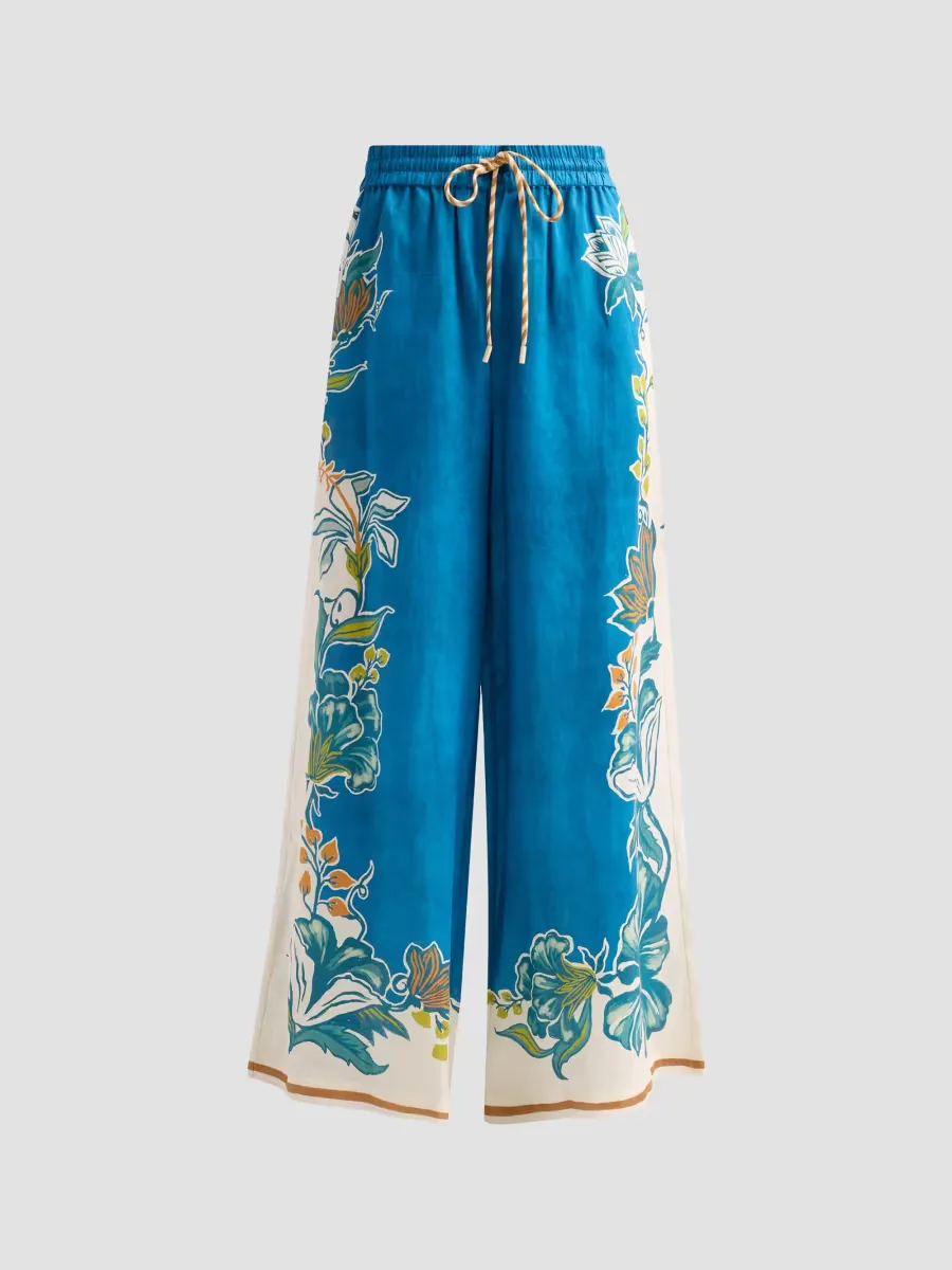 Luda Floral Linen Wide-Leg Drawstring Pants by ALMAIS