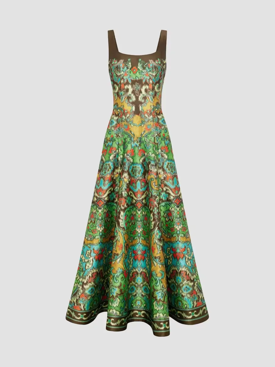 Charlotte Printed Cotton Velvet Drop-Waist Gown by ALMAIS