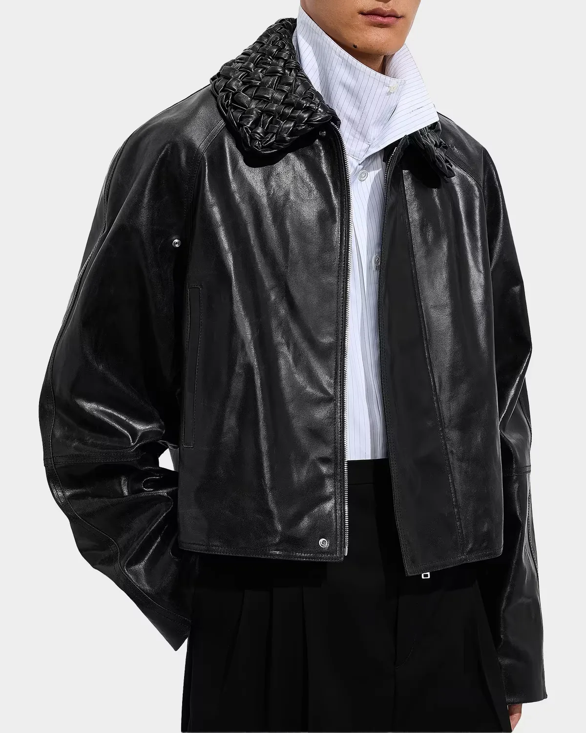 Intrecciato-Collar Leather Jacket by Bottega Veneta