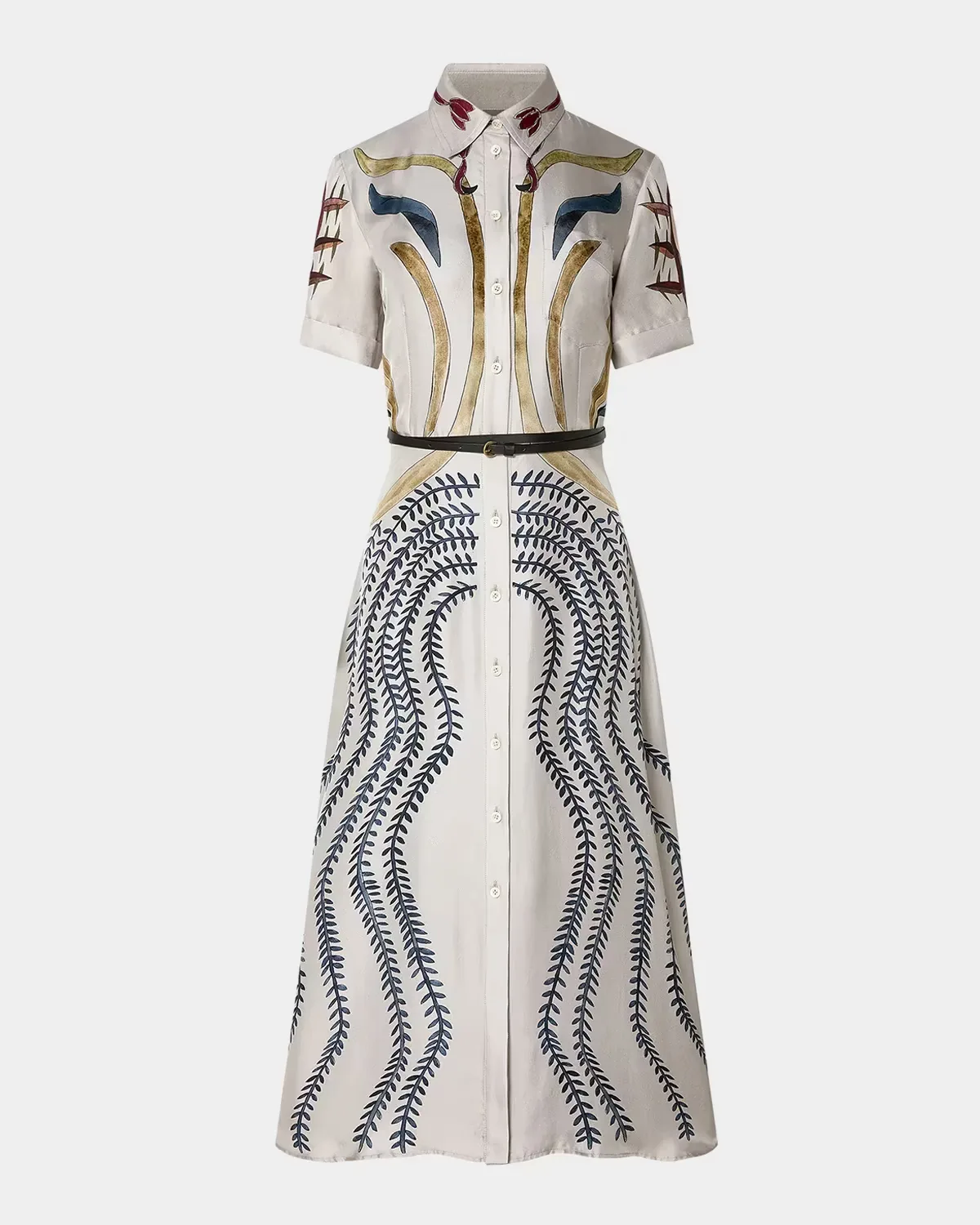 Kiera Short-Sleeve Printed Silk Belted Midi Shirtdress by Altuzarra