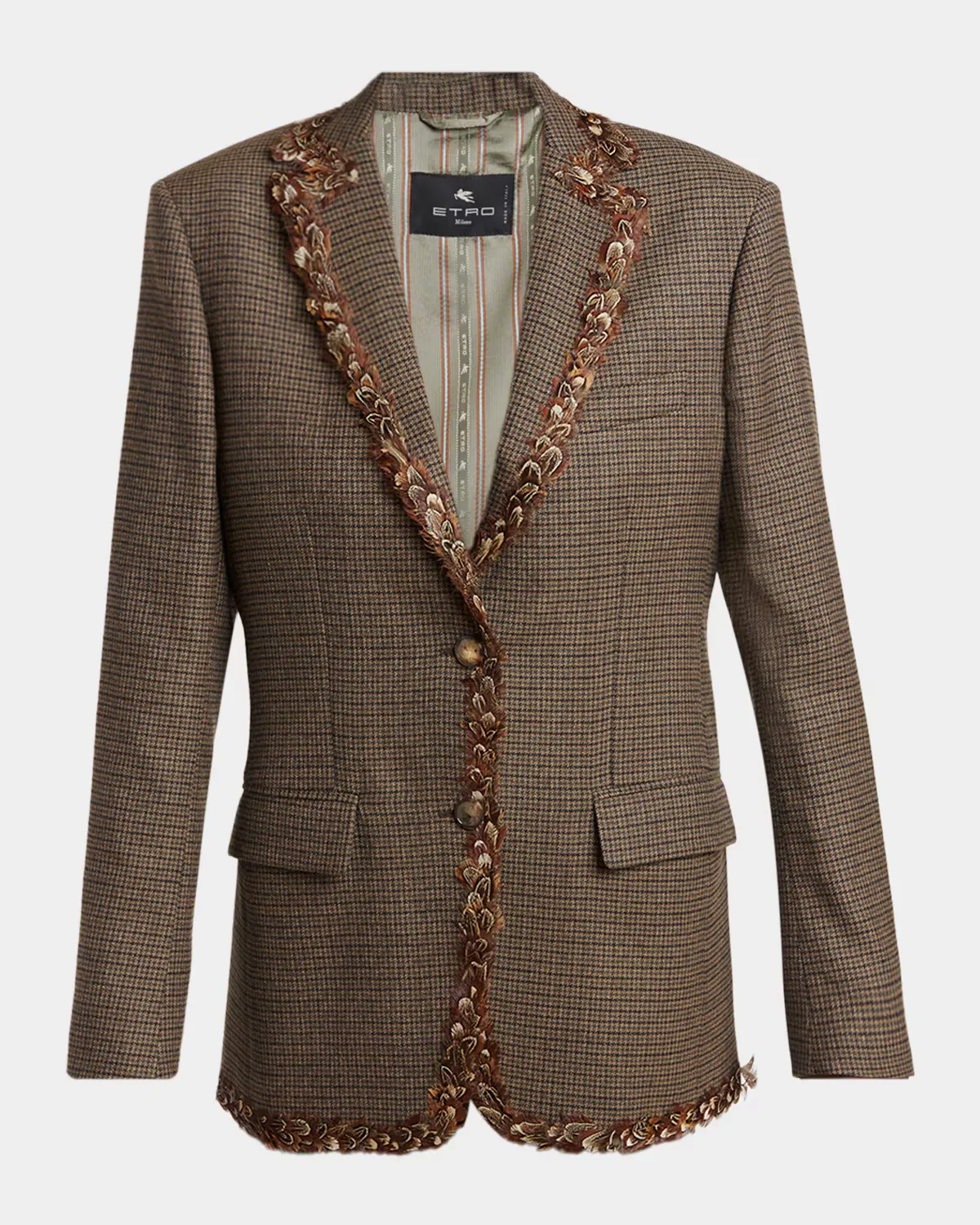 Feather-Trim Houndstooth Wool Single-Breasted Jacket by ETRO