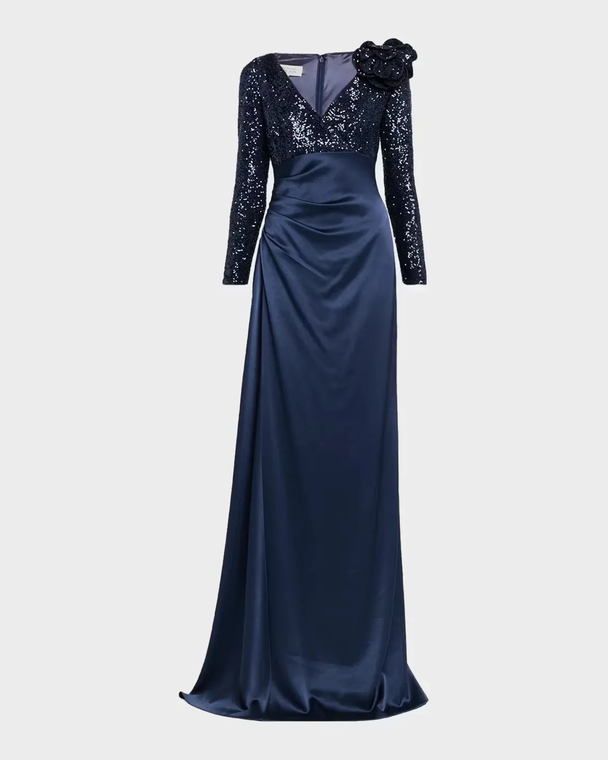 Draped Sequin Satin Gown by Teri Jon