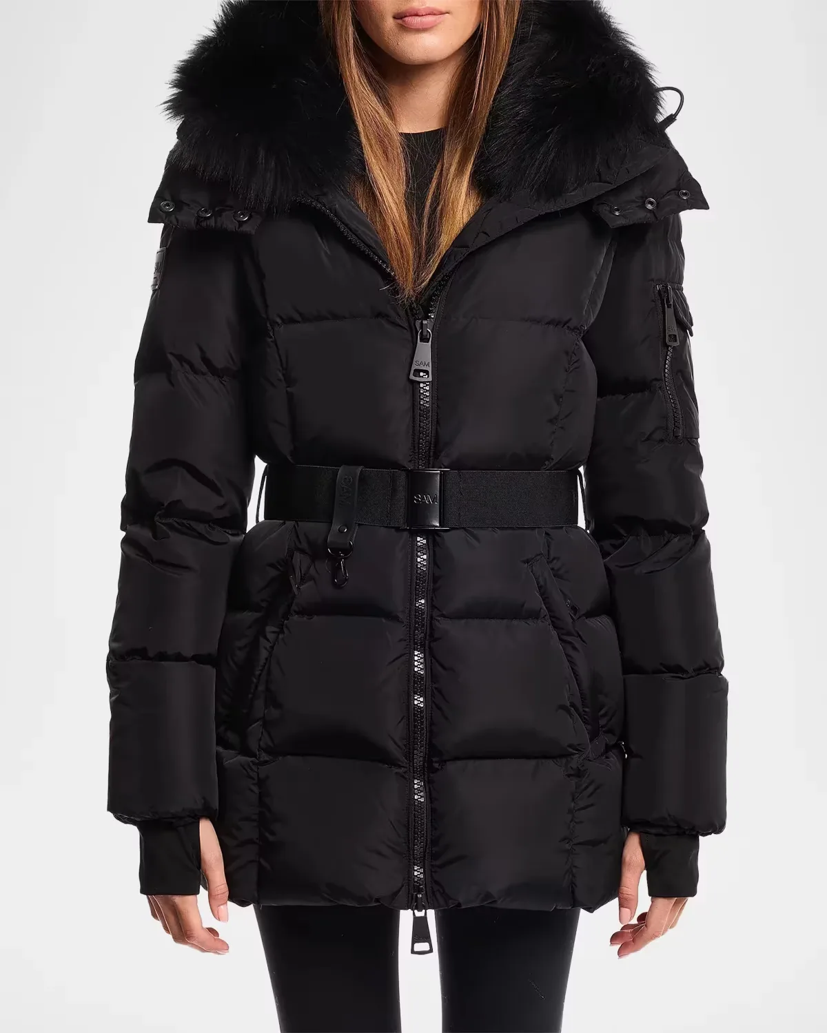 Luxe Soho Lamb Shearling Collar Belted Down Jacket