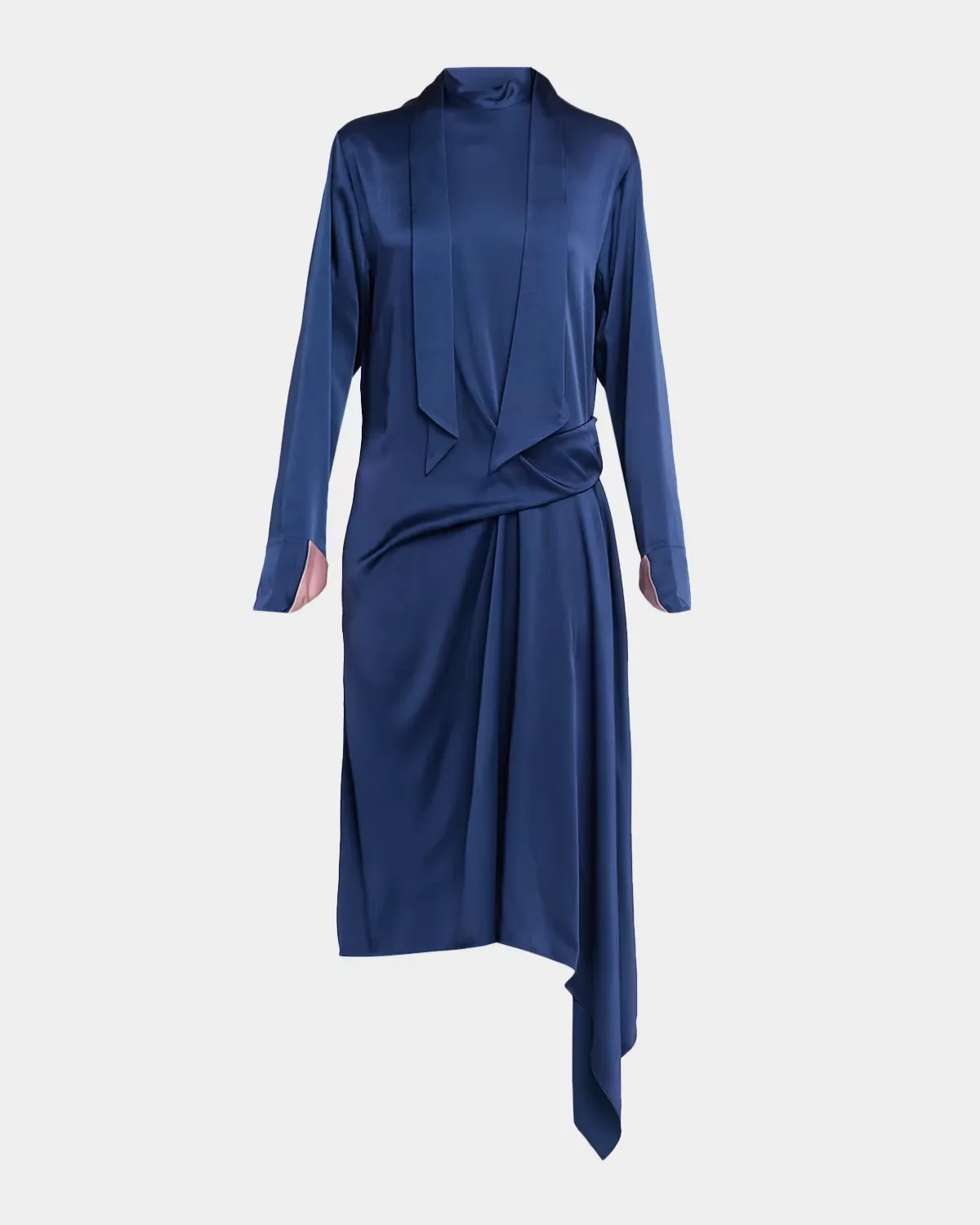 Scarf-Neck Draped Satin Long-Sleeve Midi Dress by Stella McCartney