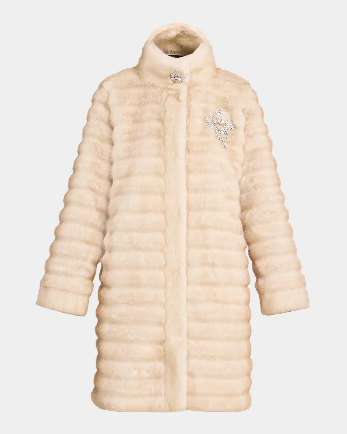 Libby Brooch-Embellished Faux Fur Coat by Kobi Halperin