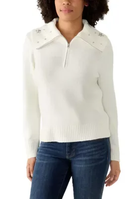 Embellished Collar 1/4 Zip Sweater by Crown & Ivy