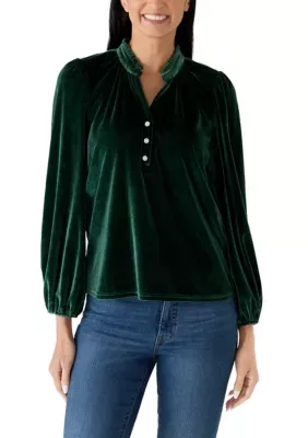 Velvet Button Down Ruffle Neck Shirt by Crown & Ivy