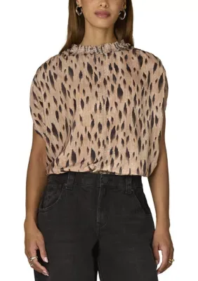 Extended Short Sleeve Smocked Ruffle Neck Printed Velvet Top by Wit & Wisdom