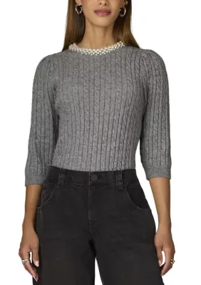 3/4 Sleeve Round Neck with Pearls All-Over Cable Stitch Sweater by Wit & Wisdom