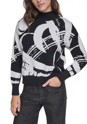 Long Sleeve Mock Neck Graphic Heart Sweater by DKNY