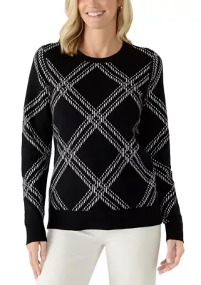 Cable Knit Crew Neck Print Sweater