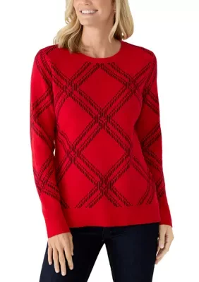 Cable Knit Crew Neck Print Sweater