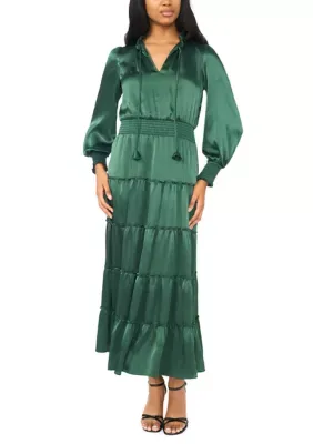 Long Sleeve V-Neck Satin Tier Maxi Dress by Msk