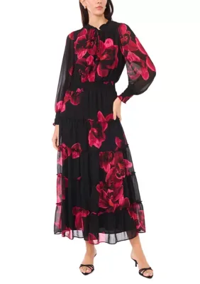 Long Sleeve Printed Chiffon A-Line Maxi Dress by Msk