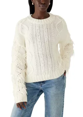 Long Sleeve Cable Knit Fringe Sweater