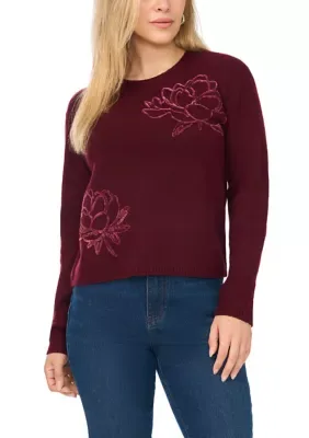 Long Sleeve Jewel Neck Floral Pattern Sweater