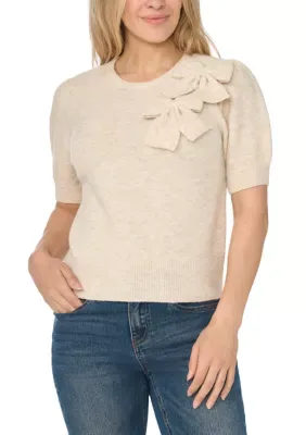 Short Sleeve Bow Crew Neck Sweater by CeCe
