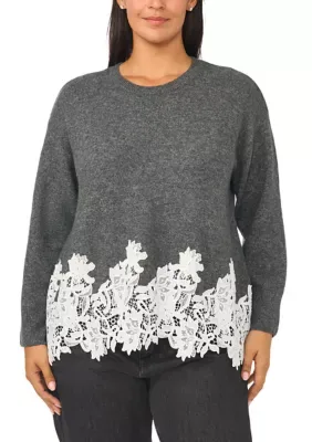Lace Trim Crew Neck Sweater by CeCe