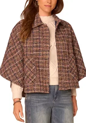 Collared Plaid Capelet with Pockets by Democracy