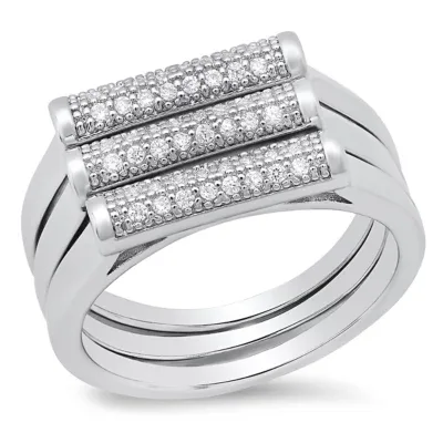 18k White Gold Plated Brass Simulated Diamonds Tube 3pc Rings Set by Steeltime