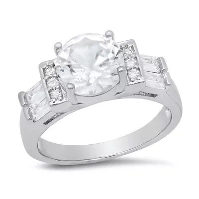 18k White Gold Plated Brass and Simulated Diamonds Engagement Ring by Steeltime