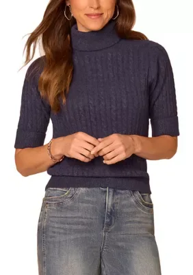 Short Elbow Sleeve Turtleneck Cable Knit Sweater by Democracy