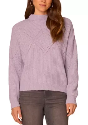 Long Sleeve Mock Neck Argyle Mix Cable Knit Sweater by Democracy