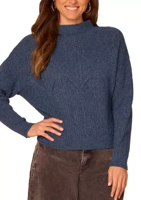 Long Sleeve Mock Neck Argyle Mix Cable Knit Sweater