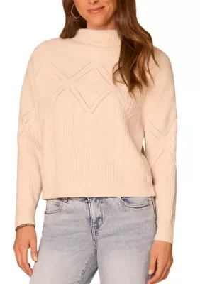 Long Sleeve Mock Neck Argyle Mix Cable Knit Sweater