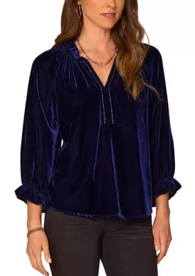 3/4 Blouson Sleeve V-Neck Velvet Top