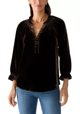 3/4 Blouson Sleeve V-Neck Velvet Top