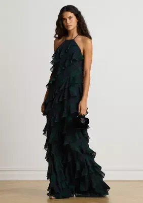 Black Watch Ruffle-Trim Halter Gown by Ralph Lauren