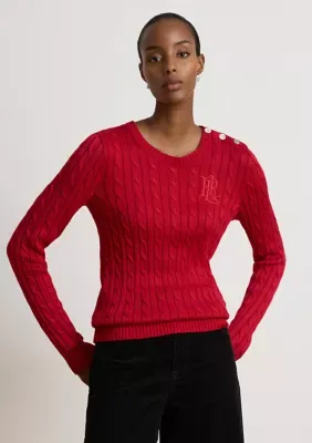 Petite Button-Trim Cable-Knit Sweater by Ralph Lauren