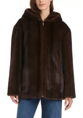 Striped Hooded Faux Fur Jacket by Jones New York