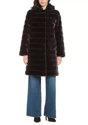 Grooved Hooded Faux Fur Coat by Jones New York