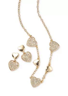 Pav Heart Drop Earrings Heart Frontal Necklace Set by Crown & Ivy