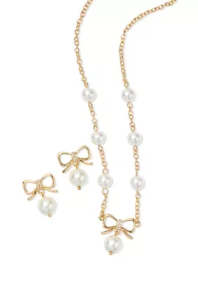 Bow Pearl Drop Earrings with Station Necklace Set by Crown & Ivy