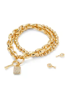Key Stud Earrings and Pav Lock Key Charm Bracelet Set by Crown & Ivy