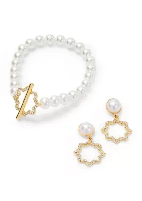 Pearl Toggle Stretch Bracelet with Quatrefoil Drop Earrings by Crown & Ivy