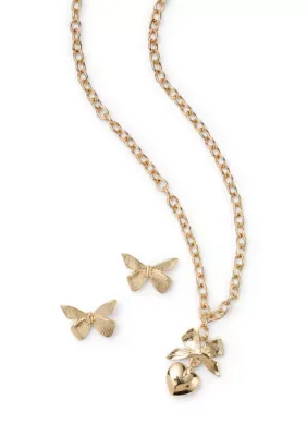 Bow Heart Pendant Necklace with Bow Earring Set by Crown & Ivy